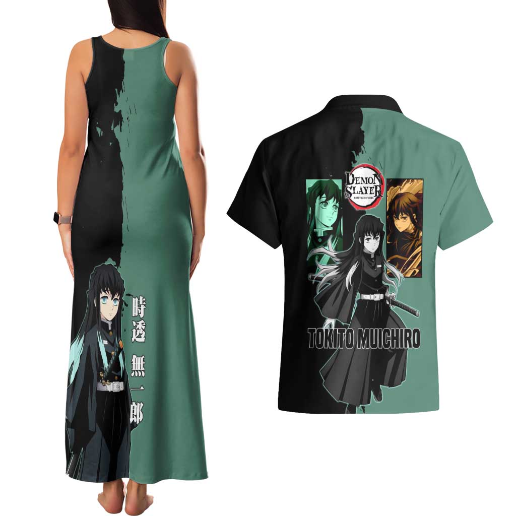 Muichiro Tokito from Demon Slayer Couples Matching Tank Maxi Dress and Hawaiian Shirt with Green and Black Mist Background and Dual Character Manga Style Design - The Mazicc