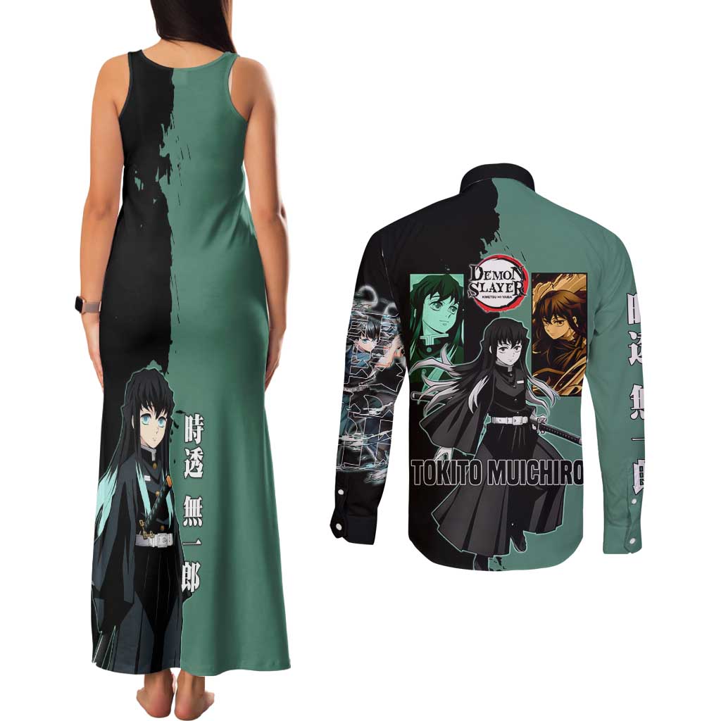 Muichiro Tokito from Demon Slayer Couples Matching Tank Maxi Dress and Long Sleeve Button Shirt with Green and Black Mist Background and Dual Character Manga Style Design - The Mazicc