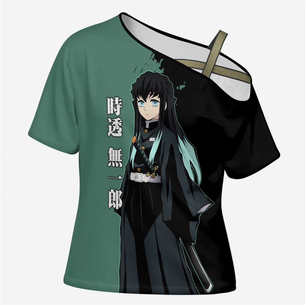 Muichiro Tokito from Demon Slayer Cross Shoulder Shirt with Green and Black Mist Background and Dual Character Manga Style Design - The Mazicc