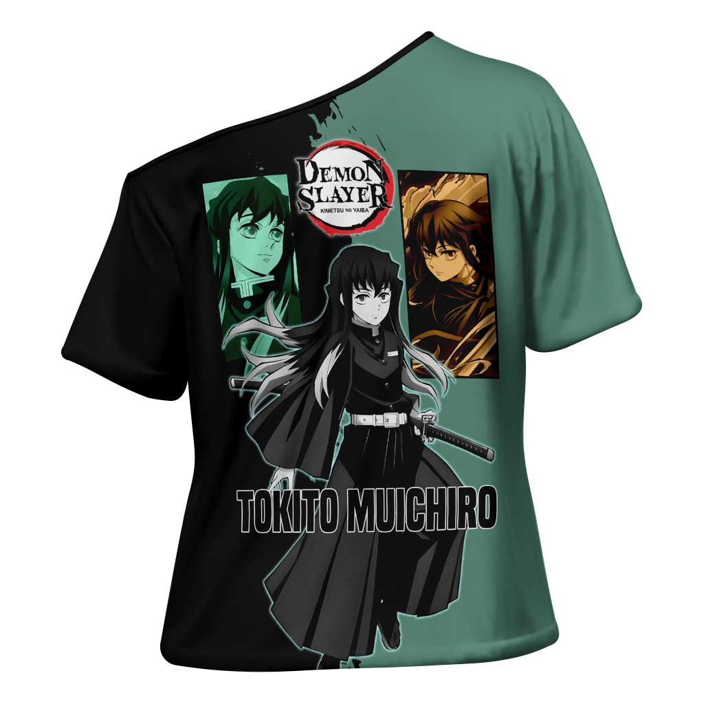 Muichiro Tokito from Demon Slayer Cross Shoulder Shirt with Green and Black Mist Background and Dual Character Manga Style Design - The Mazicc