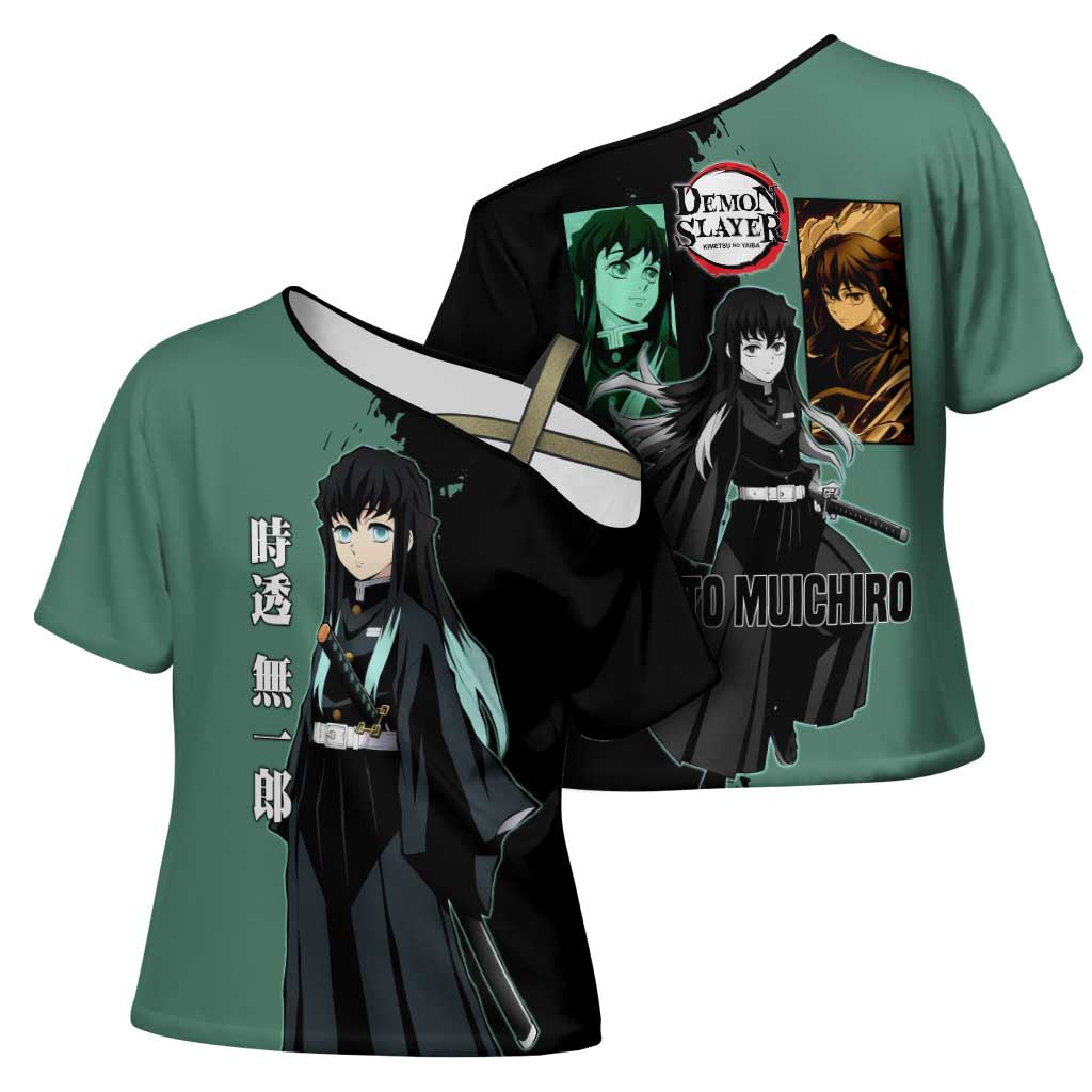 Muichiro Tokito from Demon Slayer Cross Shoulder Shirt with Green and Black Mist Background and Dual Character Manga Style Design - The Mazicc