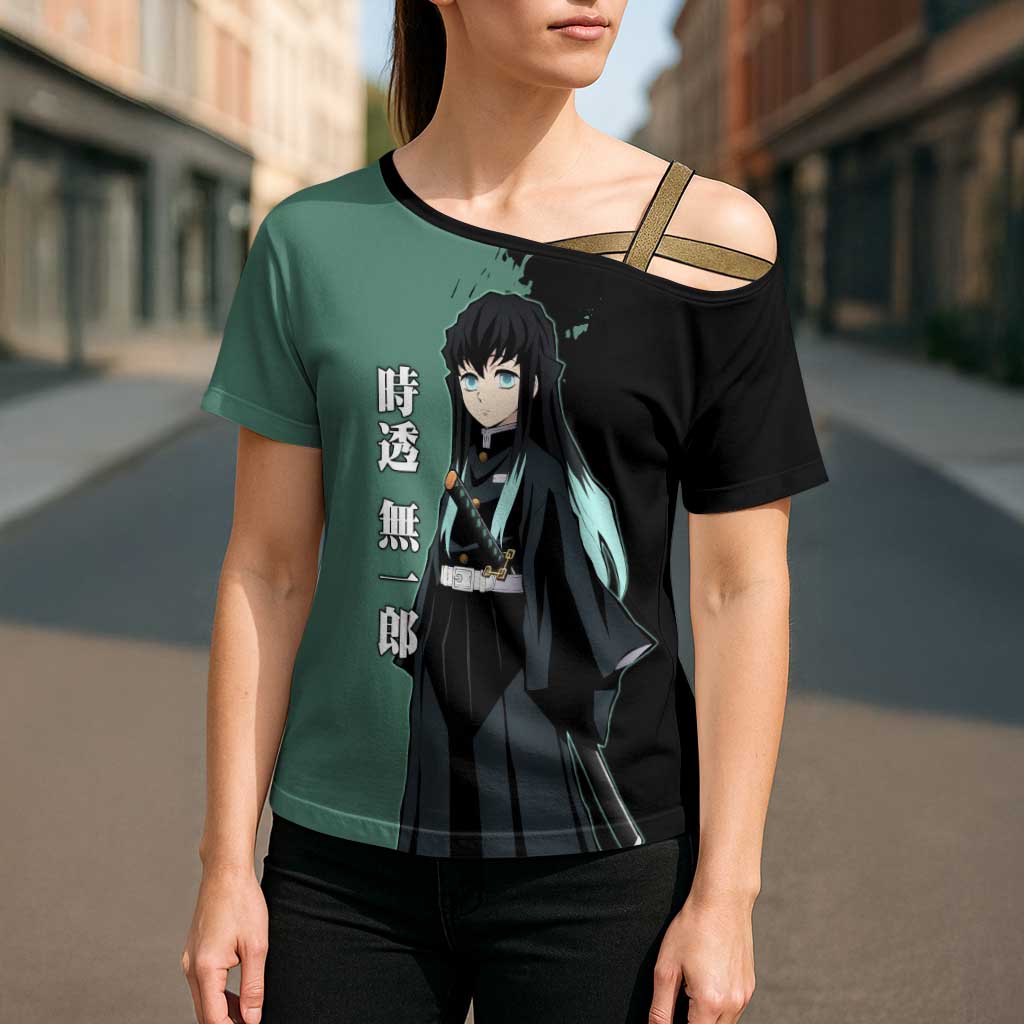 Muichiro Tokito from Demon Slayer Cross Shoulder Shirt with Green and Black Mist Background and Dual Character Manga Style Design - The Mazicc