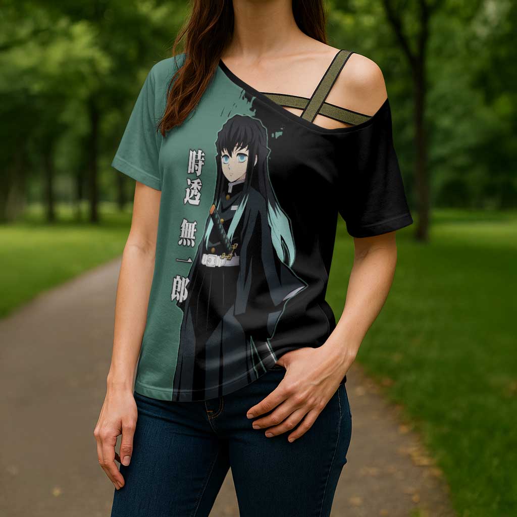 Muichiro Tokito from Demon Slayer Cross Shoulder Shirt with Green and Black Mist Background and Dual Character Manga Style Design - The Mazicc