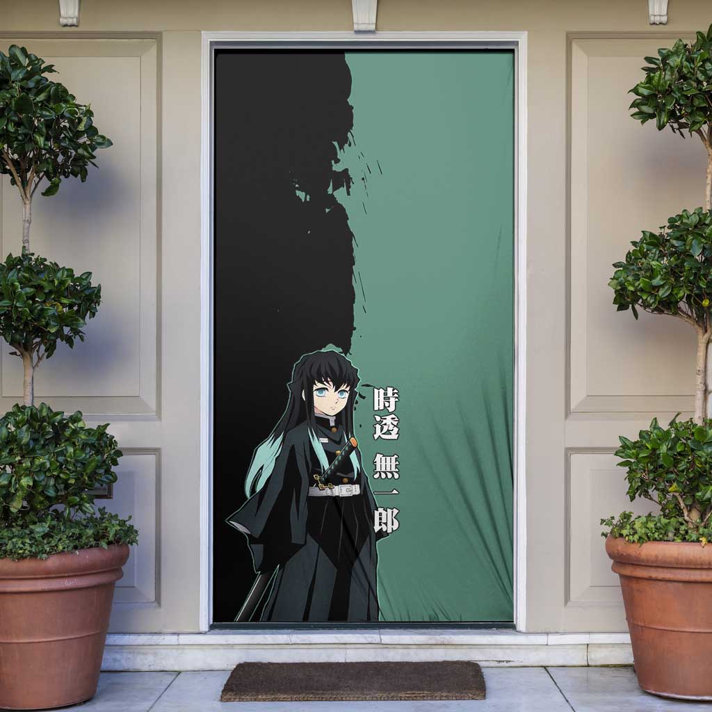 Muichiro Tokito from Demon Slayer Door Cover with Green and Black Mist Background and Dual Character Manga Style Design - The Mazicc