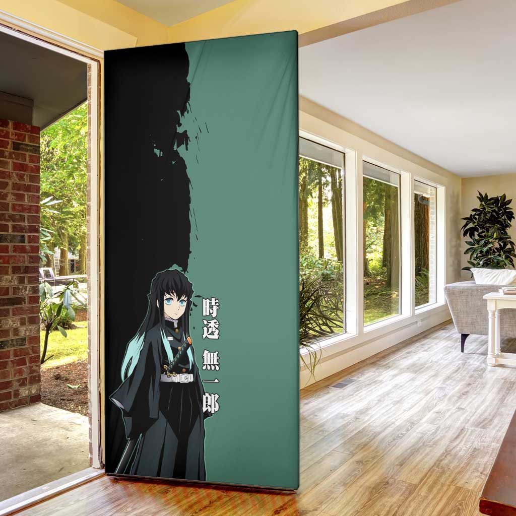 Muichiro Tokito from Demon Slayer Door Cover with Green and Black Mist Background and Dual Character Manga Style Design - The Mazicc