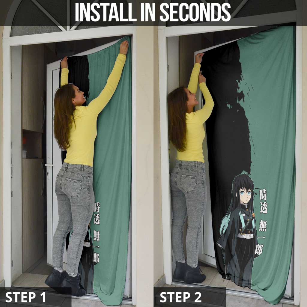 Muichiro Tokito from Demon Slayer Door Cover with Green and Black Mist Background and Dual Character Manga Style Design - The Mazicc