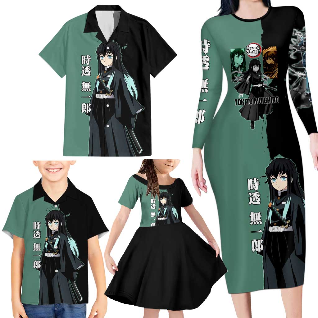 Muichiro Tokito from Demon Slayer Family Matching Long Sleeve Bodycon Dress and Hawaiian Shirt with Green and Black Mist Background and Dual Character Manga Style Design - The Mazicc