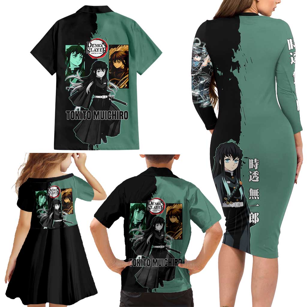 Muichiro Tokito from Demon Slayer Family Matching Long Sleeve Bodycon Dress and Hawaiian Shirt with Green and Black Mist Background and Dual Character Manga Style Design - The Mazicc