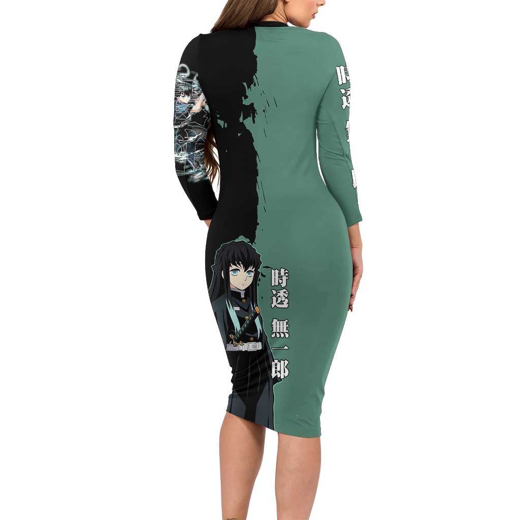 Muichiro Tokito from Demon Slayer Family Matching Long Sleeve Bodycon Dress and Hawaiian Shirt with Green and Black Mist Background and Dual Character Manga Style Design - The Mazicc