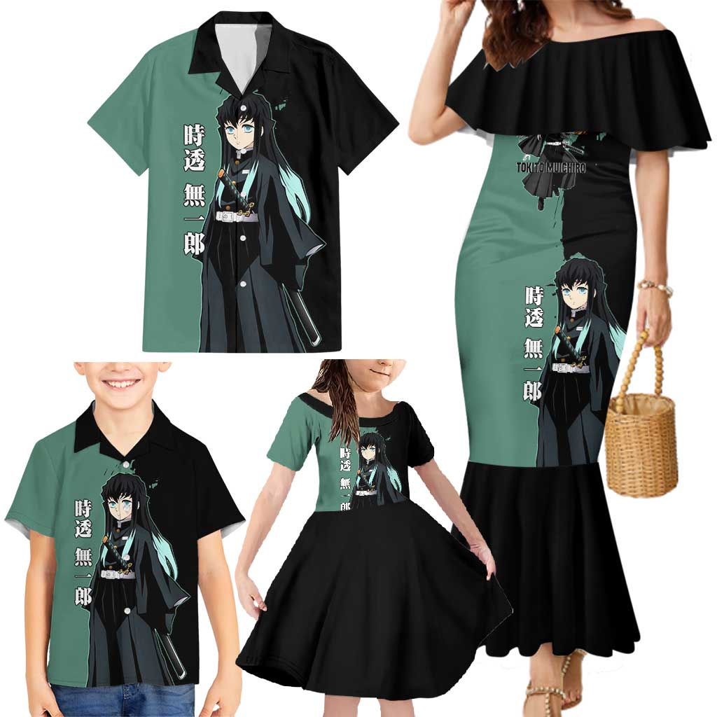 Muichiro Tokito from Demon Slayer Family Matching Mermaid Dress and Hawaiian Shirt with Green and Black Mist Background and Dual Character Manga Style Design - The Mazicc