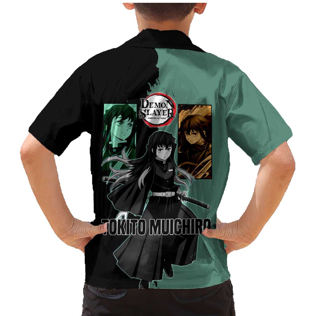 Muichiro Tokito from Demon Slayer Family Matching Mermaid Dress and Hawaiian Shirt with Green and Black Mist Background and Dual Character Manga Style Design - The Mazicc