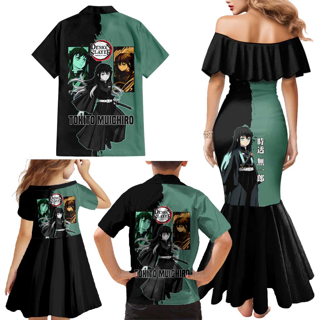 Muichiro Tokito from Demon Slayer Family Matching Mermaid Dress and Hawaiian Shirt with Green and Black Mist Background and Dual Character Manga Style Design - The Mazicc