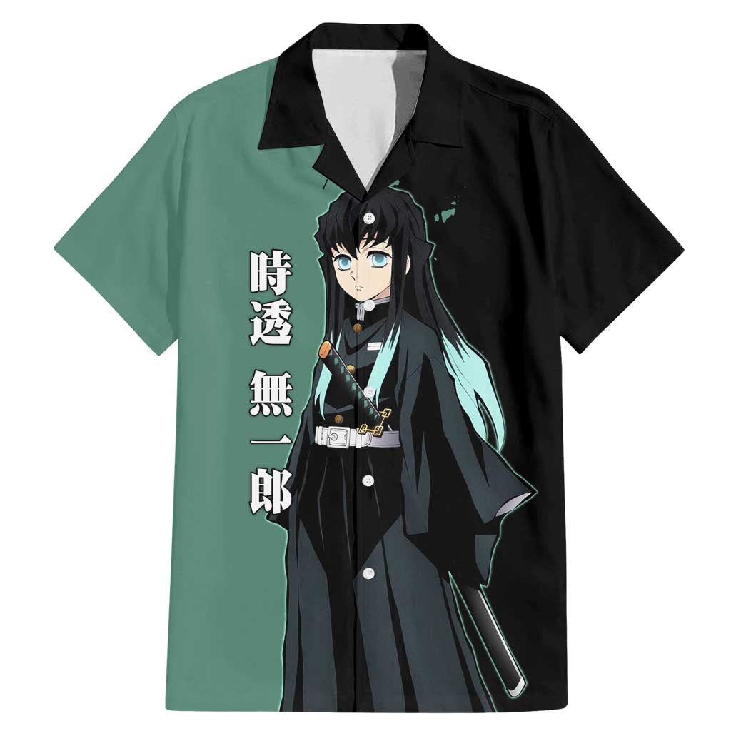 Muichiro Tokito from Demon Slayer Family Matching Mermaid Dress and Hawaiian Shirt with Green and Black Mist Background and Dual Character Manga Style Design - The Mazicc