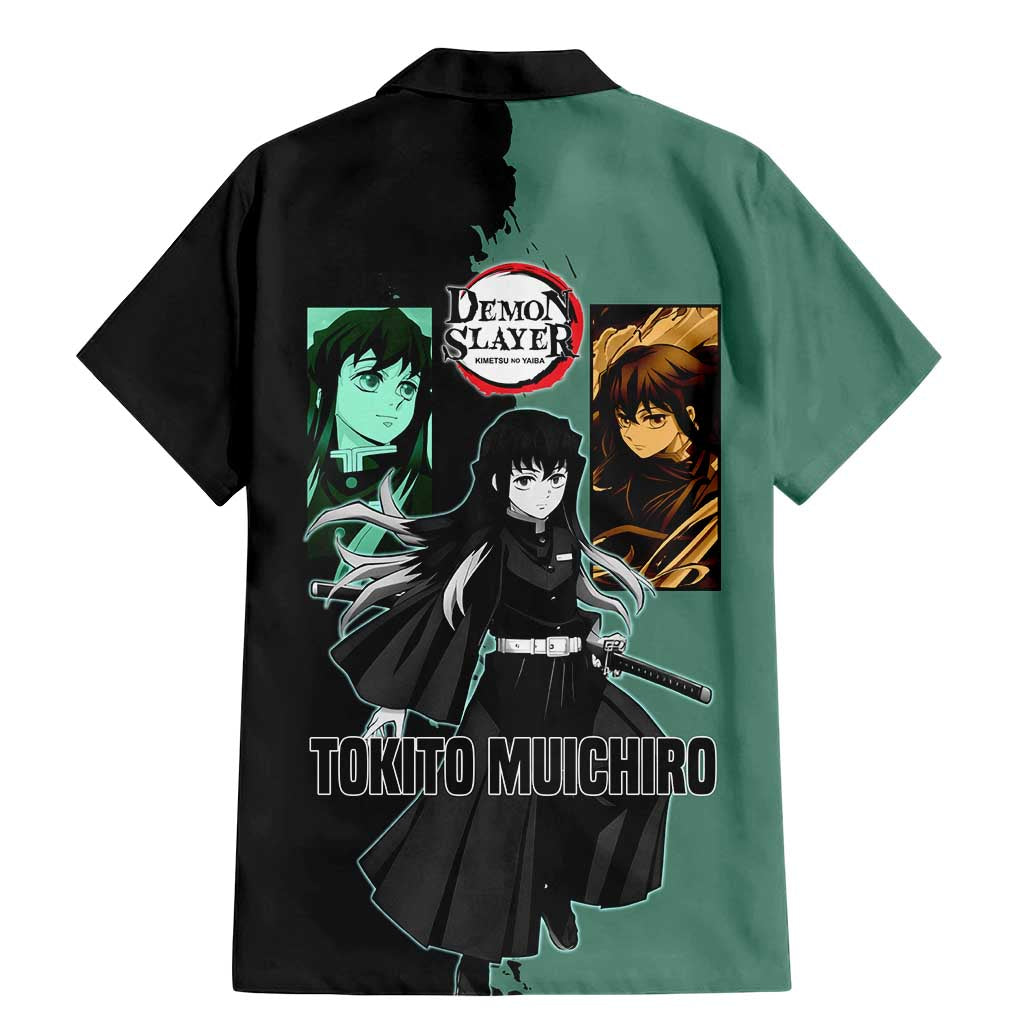 Muichiro Tokito from Demon Slayer Family Matching Mermaid Dress and Hawaiian Shirt with Green and Black Mist Background and Dual Character Manga Style Design - The Mazicc