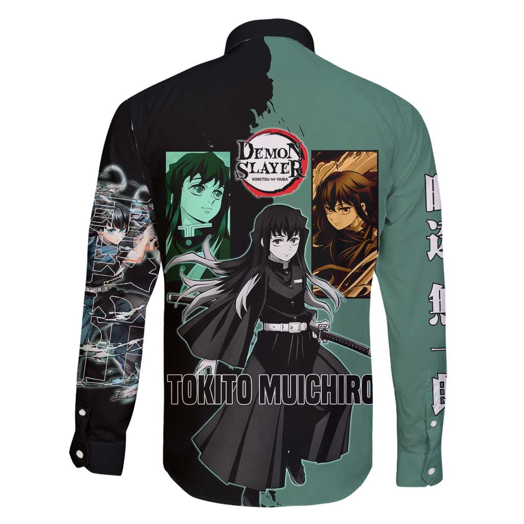Muichiro Tokito from Demon Slayer Family Matching Mermaid Dress and Hawaiian Shirt with Green and Black Mist Background and Dual Character Manga Style Design - The Mazicc