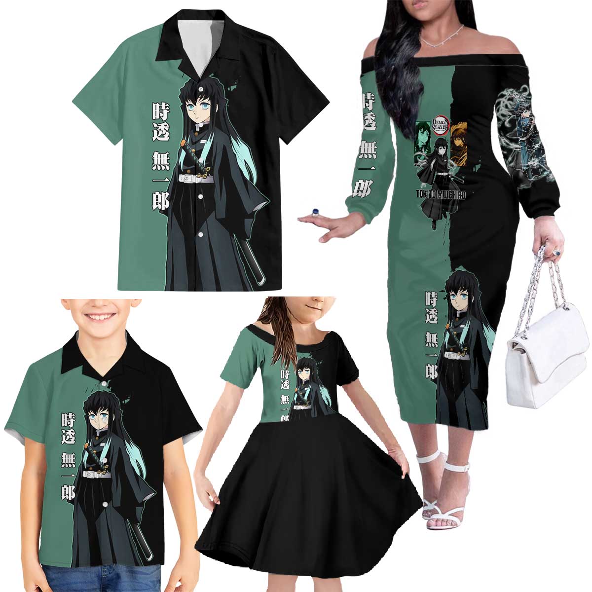 Muichiro Tokito from Demon Slayer Family Matching Off The Shoulder Long Sleeve Dress and Hawaiian Shirt with Green and Black Mist Background and Dual Character Manga Style Design - The Mazicc