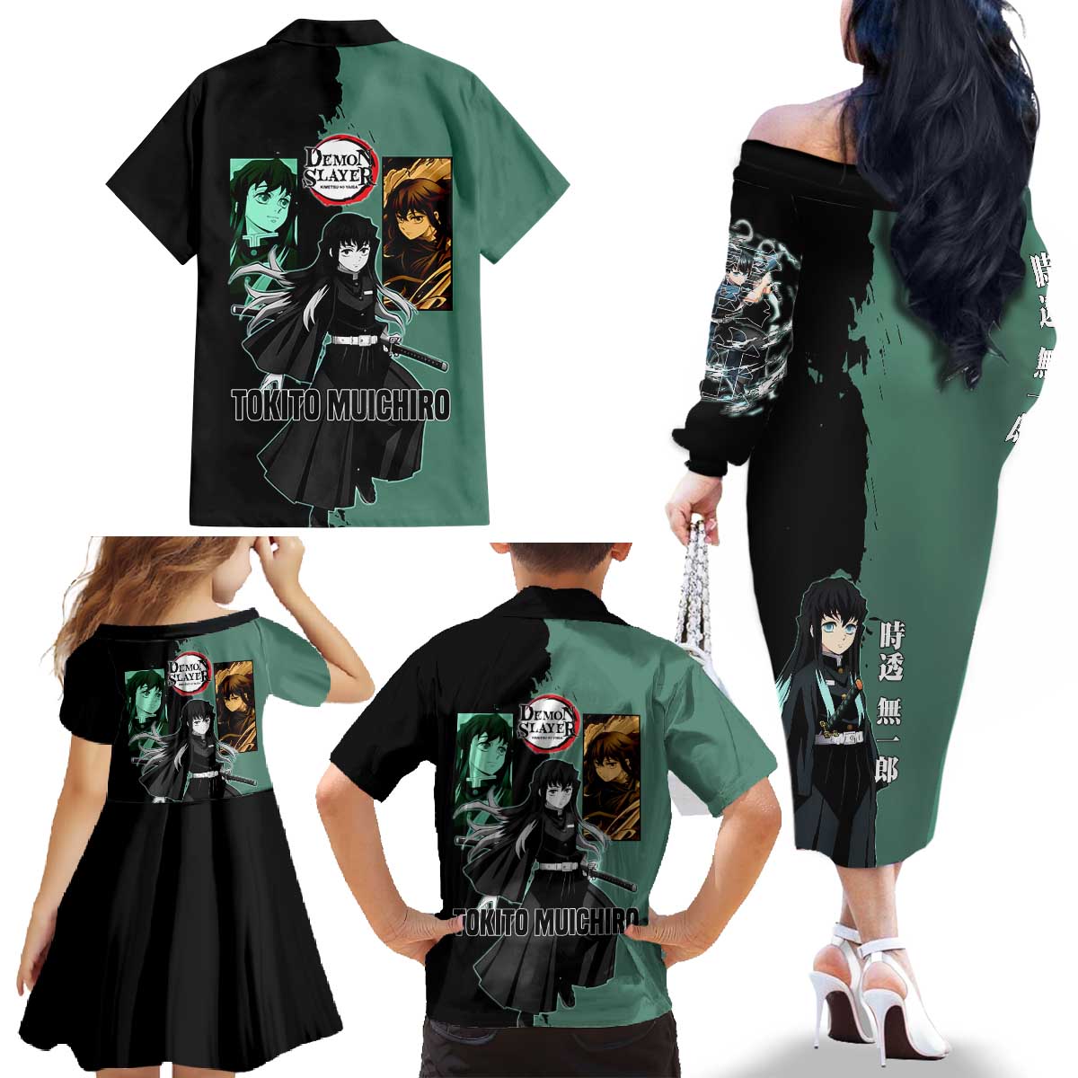 Muichiro Tokito from Demon Slayer Family Matching Off The Shoulder Long Sleeve Dress and Hawaiian Shirt with Green and Black Mist Background and Dual Character Manga Style Design - The Mazicc