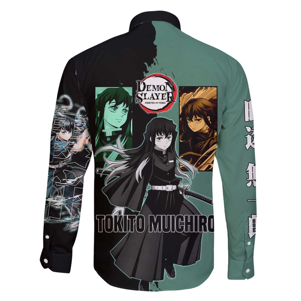 Muichiro Tokito from Demon Slayer Family Matching Off The Shoulder Long Sleeve Dress and Hawaiian Shirt with Green and Black Mist Background and Dual Character Manga Style Design - The Mazicc