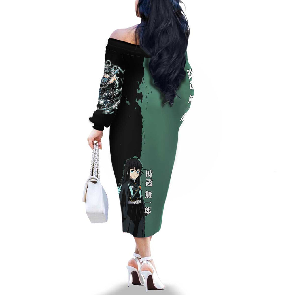 Muichiro Tokito from Demon Slayer Family Matching Off The Shoulder Long Sleeve Dress and Hawaiian Shirt with Green and Black Mist Background and Dual Character Manga Style Design - The Mazicc
