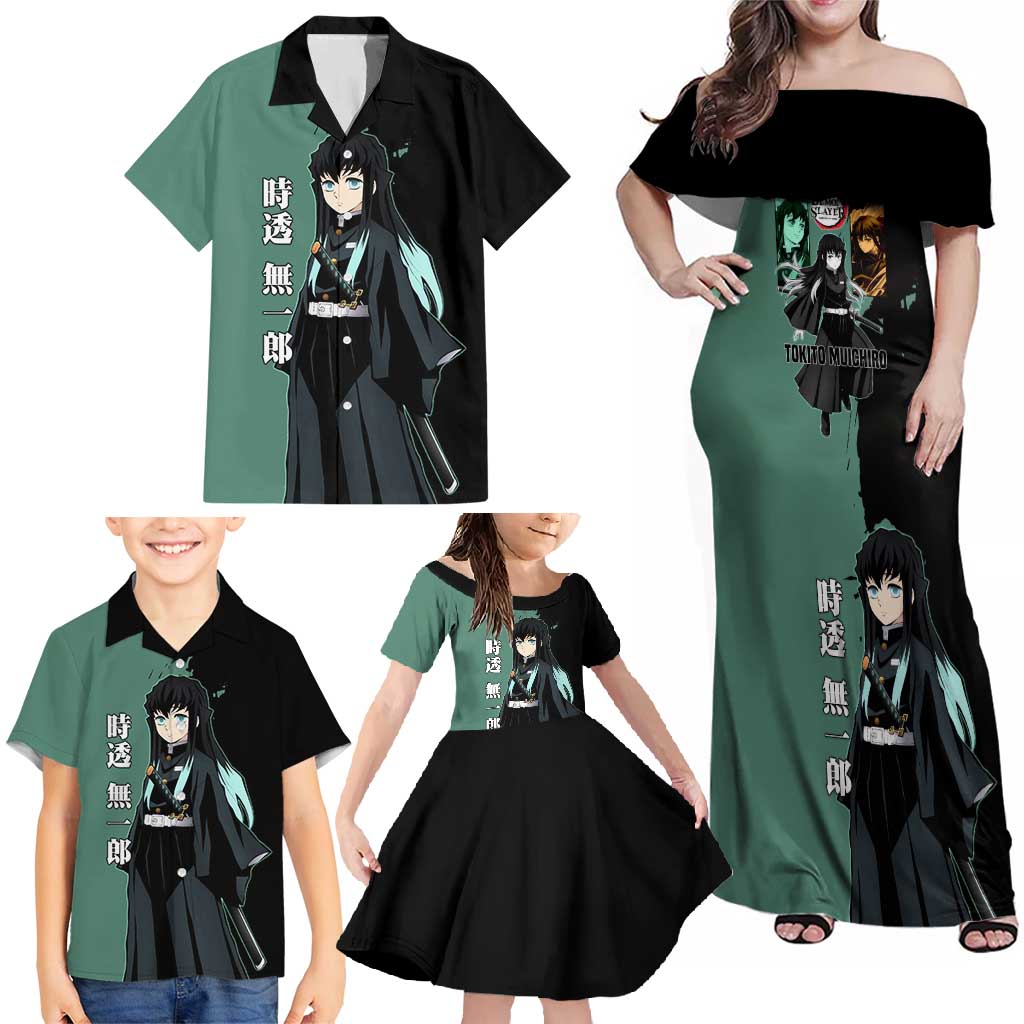 Muichiro Tokito from Demon Slayer Family Matching Off Shoulder Maxi Dress and Hawaiian Shirt with Green and Black Mist Background and Dual Character Manga Style Design - The Mazicc