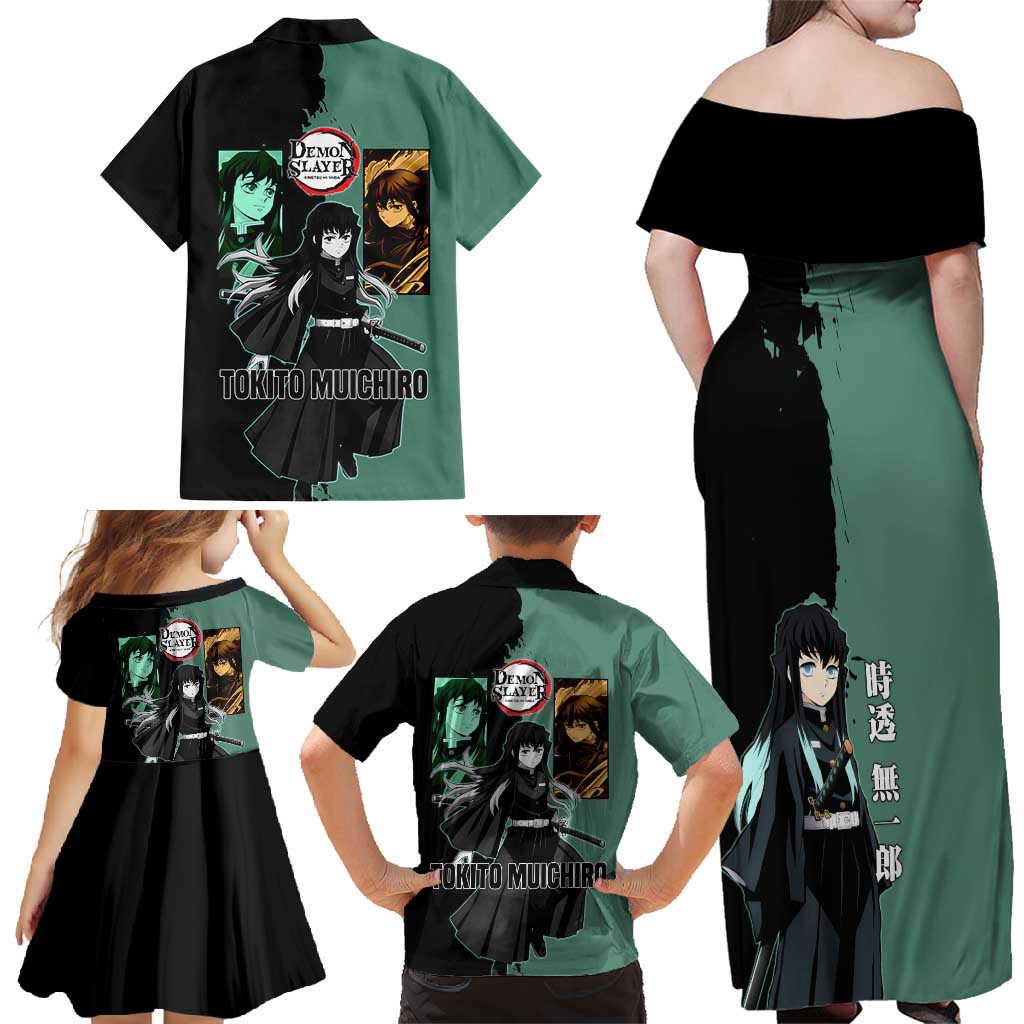 Muichiro Tokito from Demon Slayer Family Matching Off Shoulder Maxi Dress and Hawaiian Shirt with Green and Black Mist Background and Dual Character Manga Style Design - The Mazicc