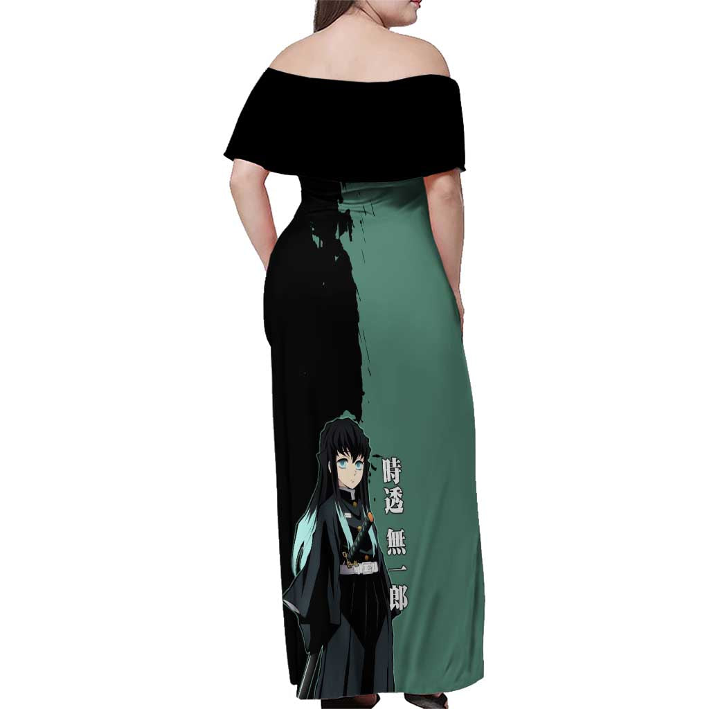 Muichiro Tokito from Demon Slayer Family Matching Off Shoulder Maxi Dress and Hawaiian Shirt with Green and Black Mist Background and Dual Character Manga Style Design - The Mazicc