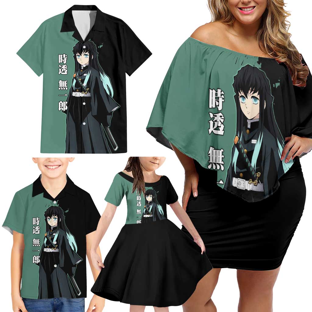 Muichiro Tokito from Demon Slayer Family Matching Off Shoulder Short Dress and Hawaiian Shirt with Green and Black Mist Background and Dual Character Manga Style Design - The Mazicc