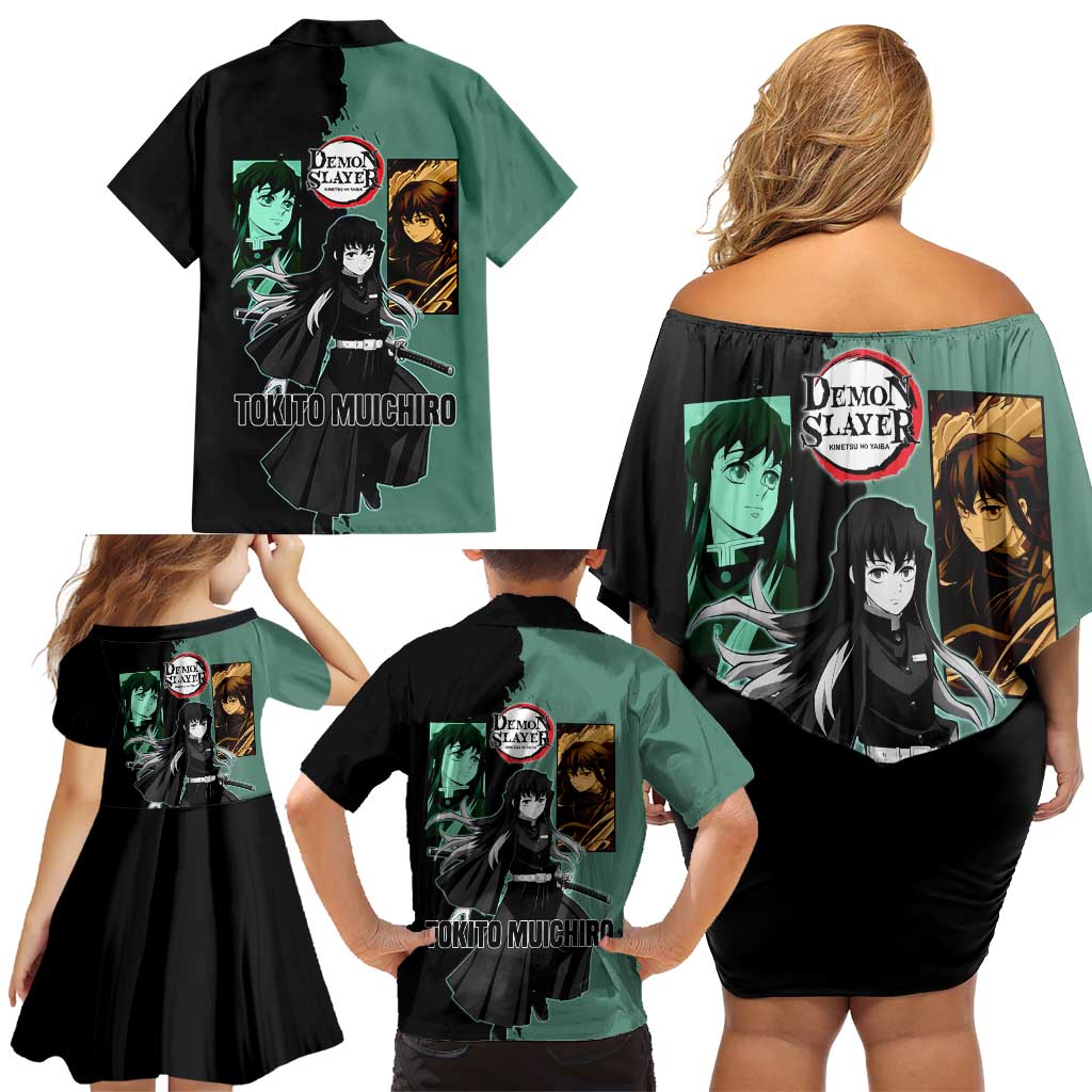 Muichiro Tokito from Demon Slayer Family Matching Off Shoulder Short Dress and Hawaiian Shirt with Green and Black Mist Background and Dual Character Manga Style Design - The Mazicc
