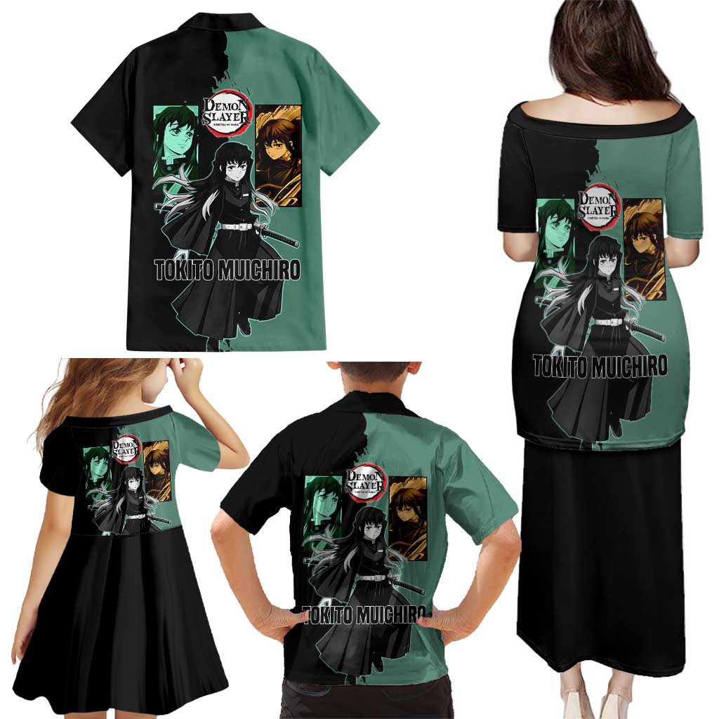 Muichiro Tokito from Demon Slayer Family Matching Puletasi and Hawaiian Shirt with Green and Black Mist Background and Dual Character Manga Style Design - The Mazicc