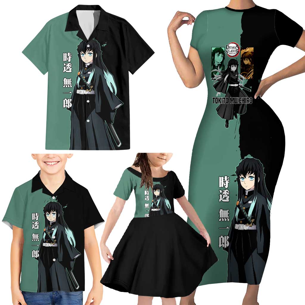 Muichiro Tokito from Demon Slayer Family Matching Short Sleeve Bodycon Dress and Hawaiian Shirt with Green and Black Mist Background and Dual Character Manga Style Design - The Mazicc
