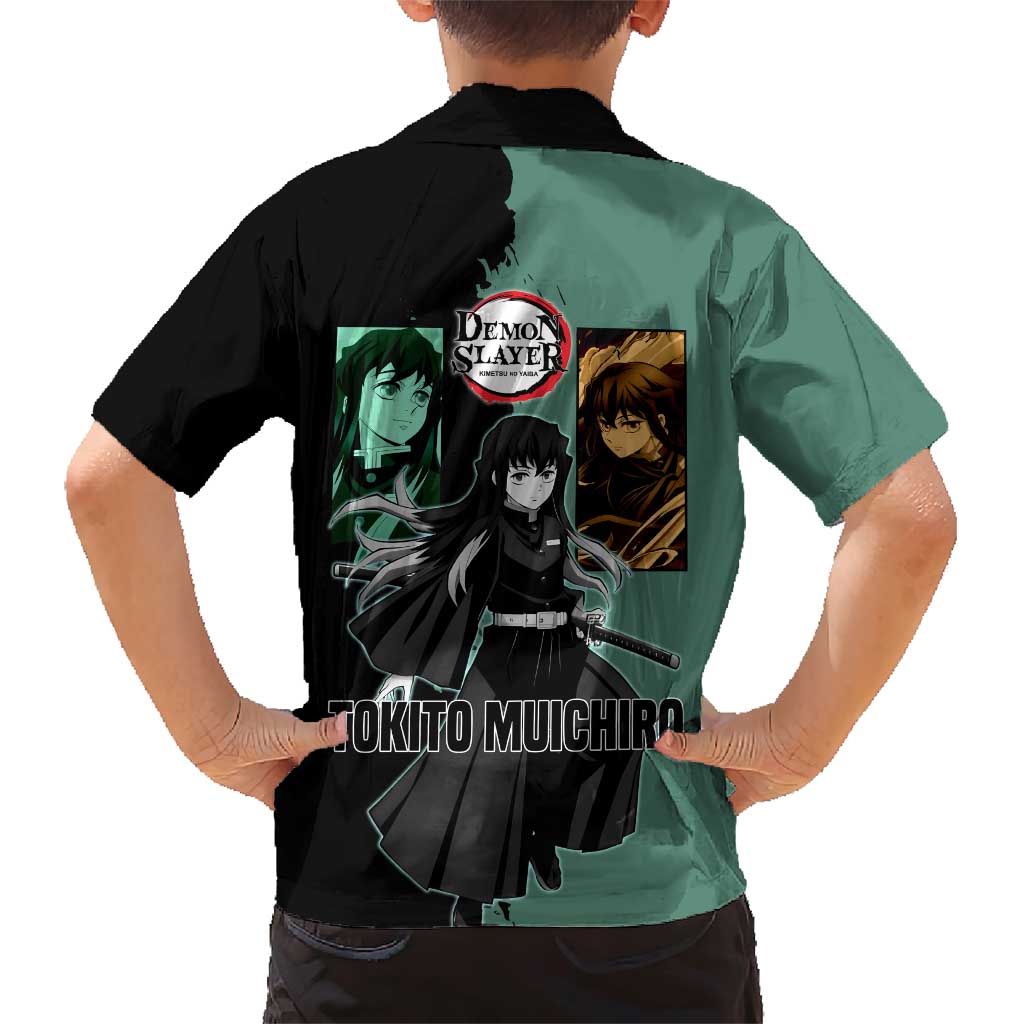 Muichiro Tokito from Demon Slayer Family Matching Short Sleeve Bodycon Dress and Hawaiian Shirt with Green and Black Mist Background and Dual Character Manga Style Design - The Mazicc
