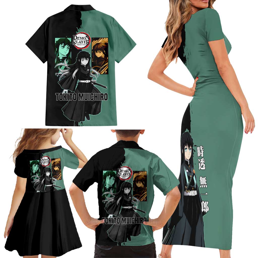 Muichiro Tokito from Demon Slayer Family Matching Short Sleeve Bodycon Dress and Hawaiian Shirt with Green and Black Mist Background and Dual Character Manga Style Design - The Mazicc