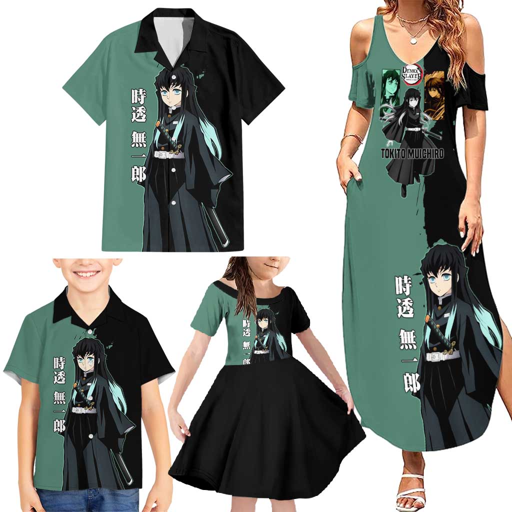 Muichiro Tokito from Demon Slayer Family Matching Summer Maxi Dress and Hawaiian Shirt with Green and Black Mist Background and Dual Character Manga Style Design - The Mazicc