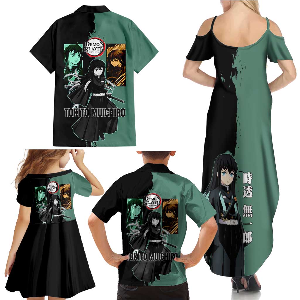 Muichiro Tokito from Demon Slayer Family Matching Summer Maxi Dress and Hawaiian Shirt with Green and Black Mist Background and Dual Character Manga Style Design - The Mazicc