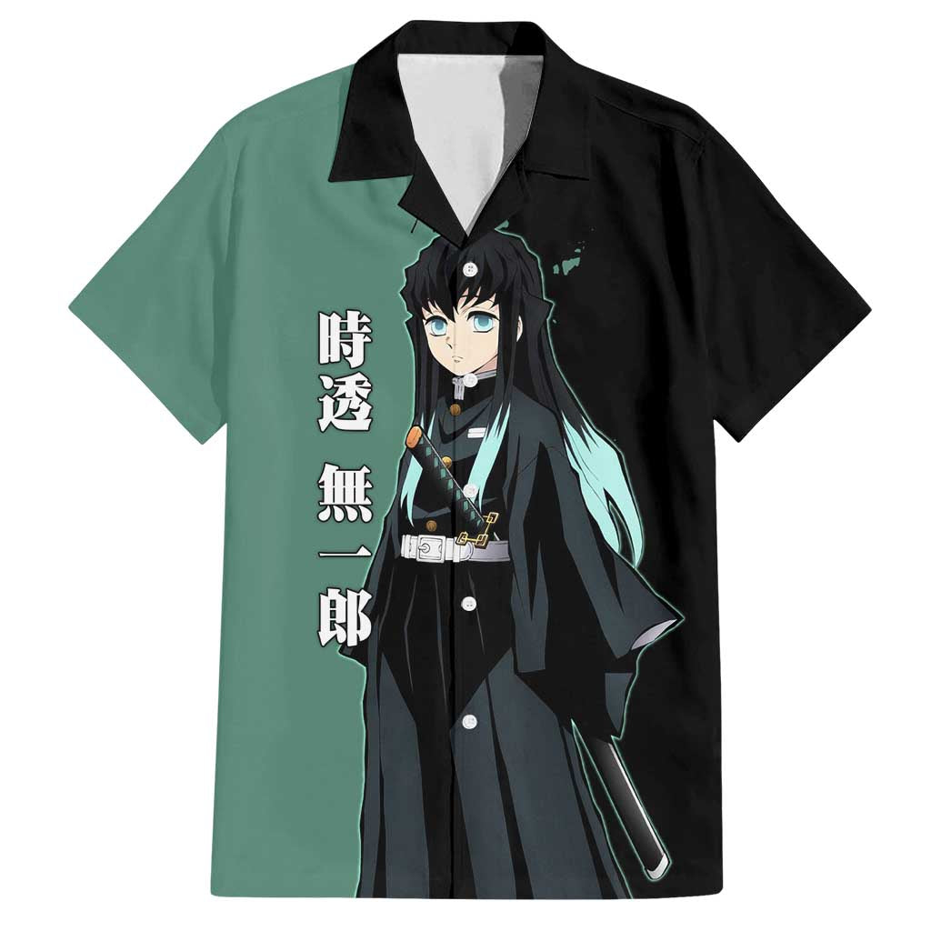 Muichiro Tokito from Demon Slayer Family Matching Summer Maxi Dress and Hawaiian Shirt with Green and Black Mist Background and Dual Character Manga Style Design - The Mazicc