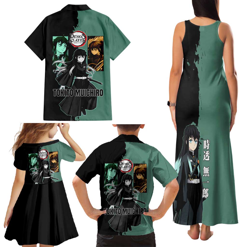 Muichiro Tokito from Demon Slayer Family Matching Tank Maxi Dress and Hawaiian Shirt with Green and Black Mist Background and Dual Character Manga Style Design - The Mazicc