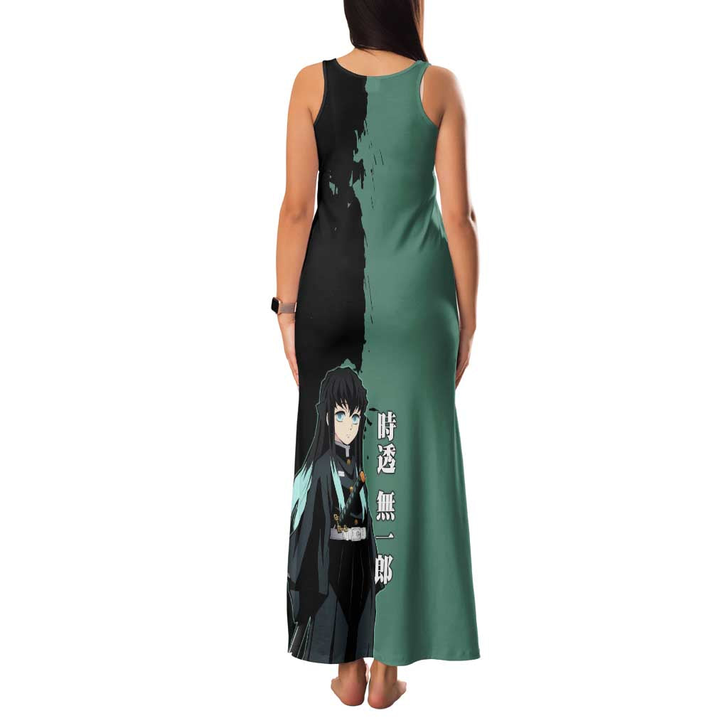 Muichiro Tokito from Demon Slayer Family Matching Tank Maxi Dress and Hawaiian Shirt with Green and Black Mist Background and Dual Character Manga Style Design - The Mazicc