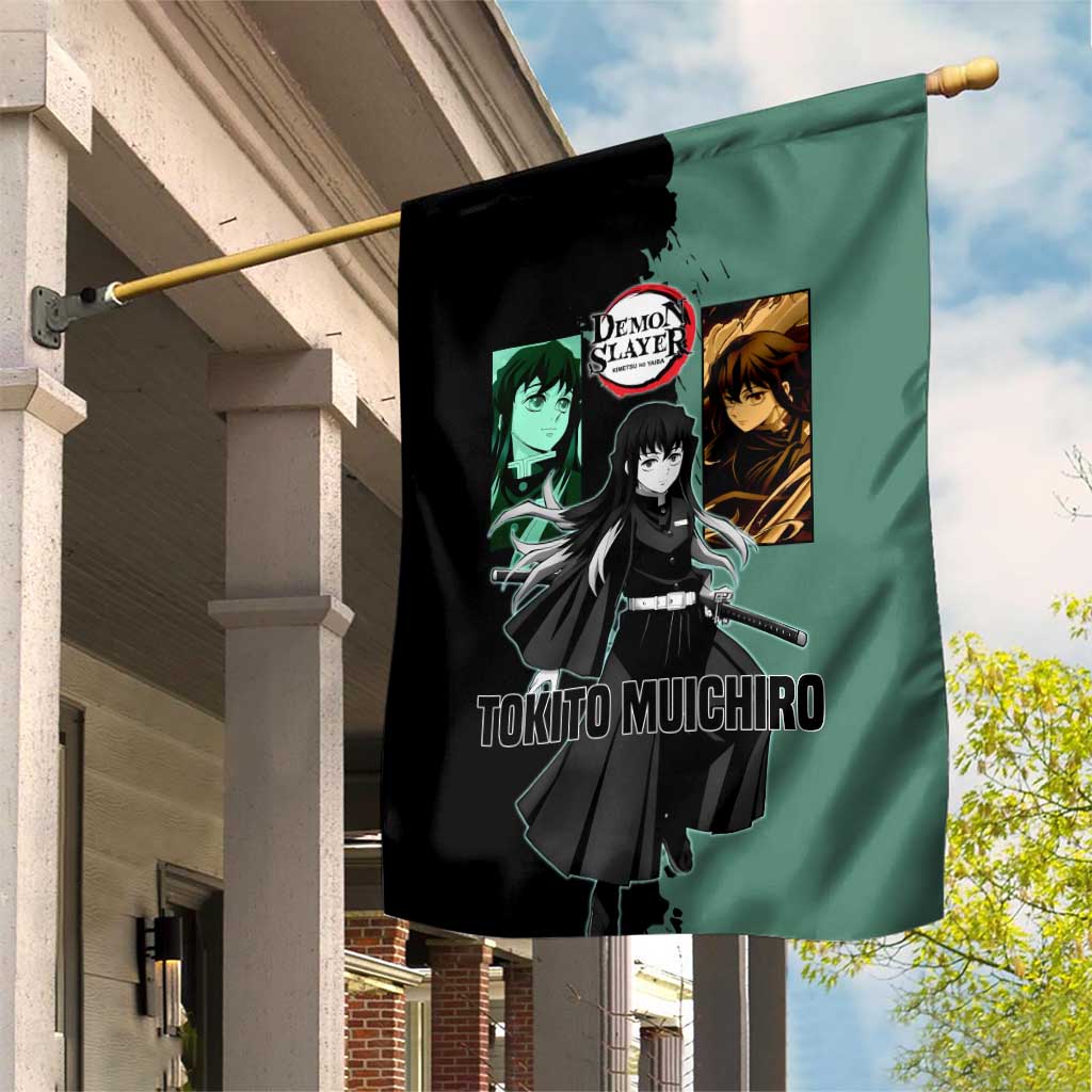 Muichiro Tokito from Demon Slayer Garden Flag with Green and Black Mist Background and Dual Character Manga Style Design - The Mazicc