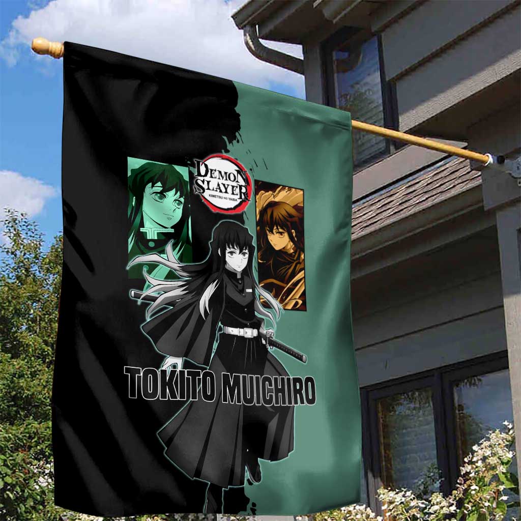 Muichiro Tokito from Demon Slayer Garden Flag with Green and Black Mist Background and Dual Character Manga Style Design - The Mazicc