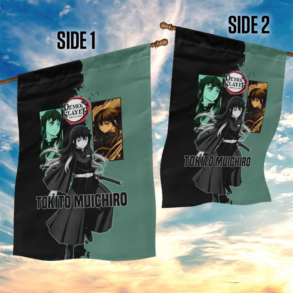 Muichiro Tokito from Demon Slayer Garden Flag with Green and Black Mist Background and Dual Character Manga Style Design - The Mazicc
