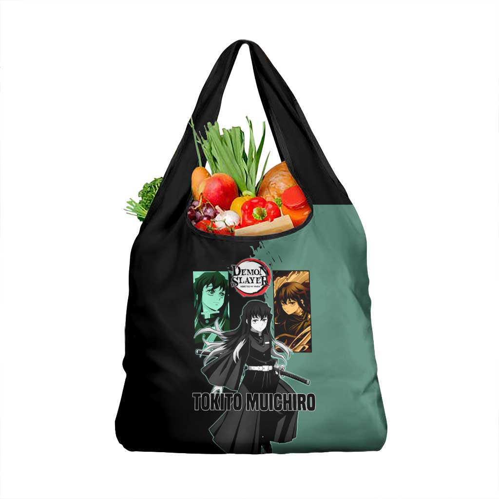 Muichiro Tokito from Demon Slayer Grocery Bag with Green and Black Mist Background and Dual Character Manga Style Design - The Mazicc