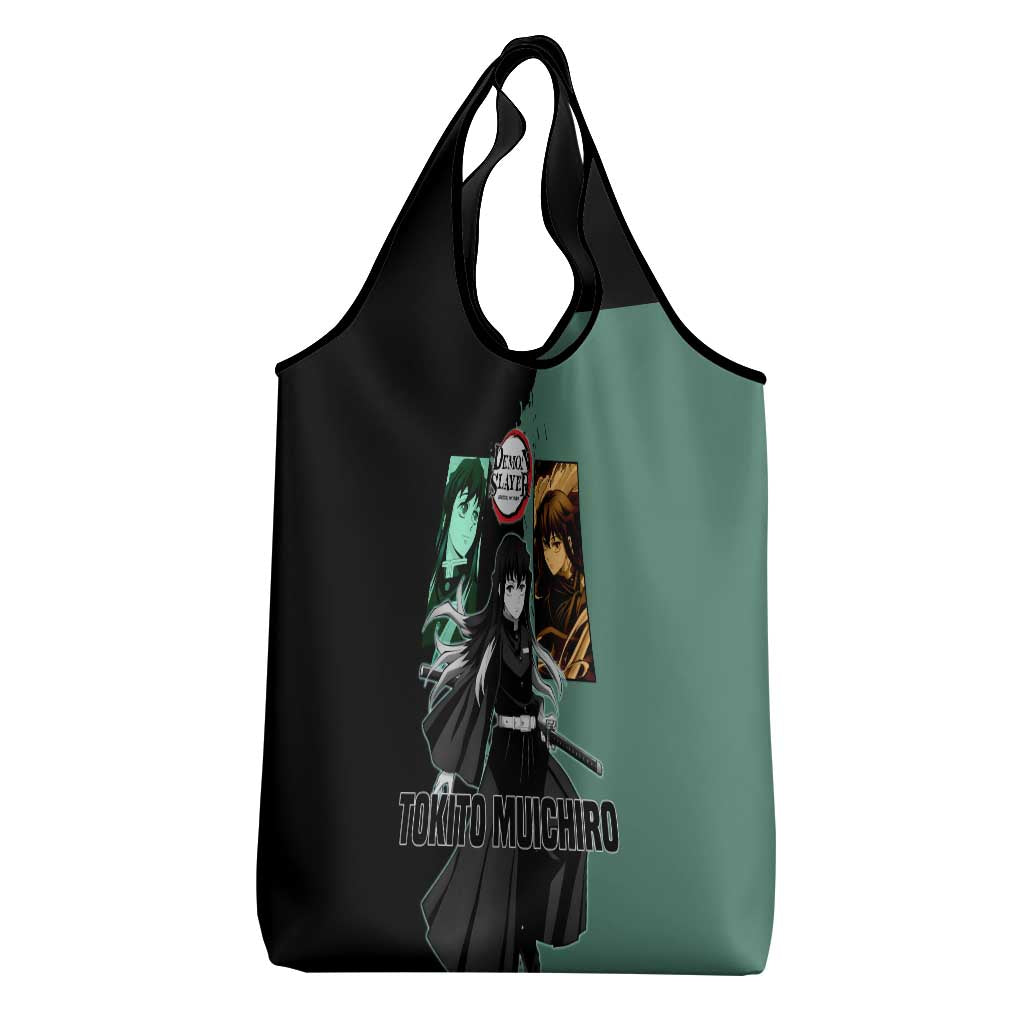 Muichiro Tokito from Demon Slayer Grocery Bag with Green and Black Mist Background and Dual Character Manga Style Design - The Mazicc