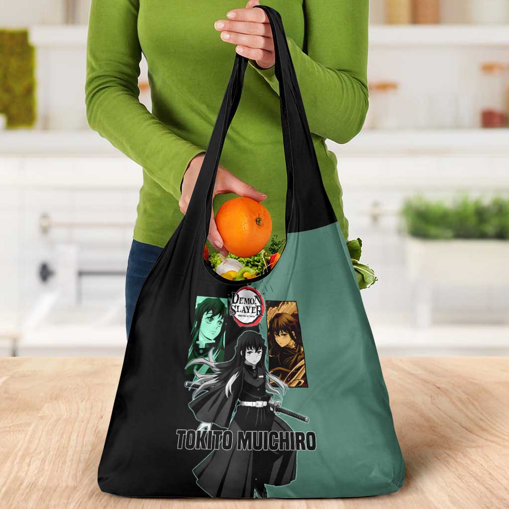 Muichiro Tokito from Demon Slayer Grocery Bag with Green and Black Mist Background and Dual Character Manga Style Design - The Mazicc
