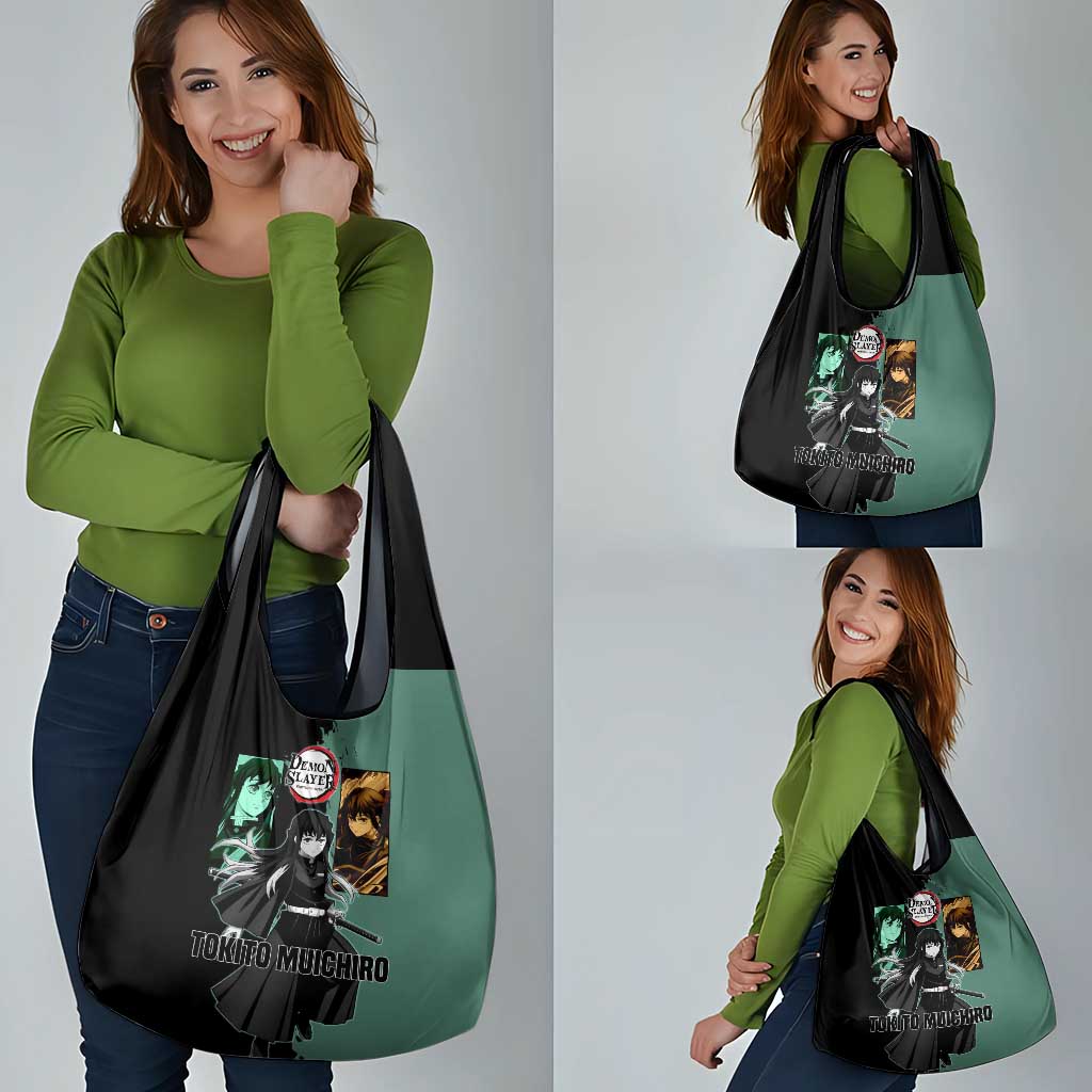 Muichiro Tokito from Demon Slayer Grocery Bag with Green and Black Mist Background and Dual Character Manga Style Design - The Mazicc
