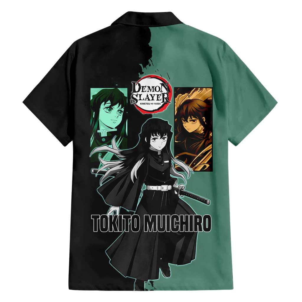 Muichiro Tokito from Demon Slayer Hawaiian Shirt with Green and Black Mist Background and Dual Character Manga Style Design - The Mazicc