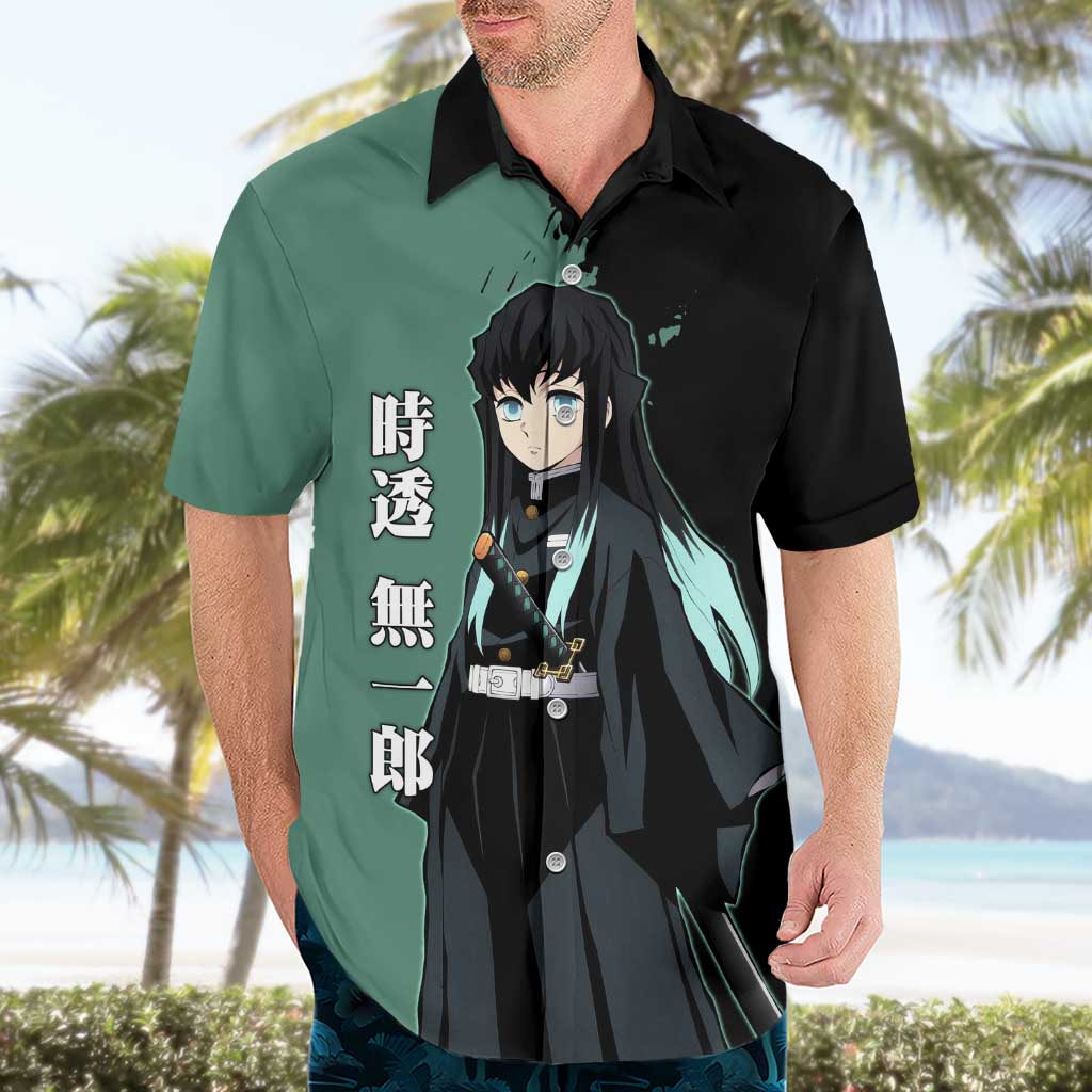 Muichiro Tokito from Demon Slayer Hawaiian Shirt with Green and Black Mist Background and Dual Character Manga Style Design - The Mazicc
