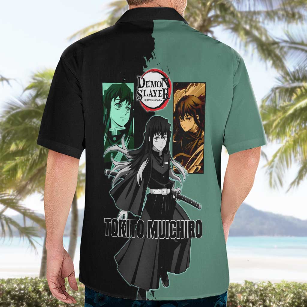 Muichiro Tokito from Demon Slayer Hawaiian Shirt with Green and Black Mist Background and Dual Character Manga Style Design - The Mazicc