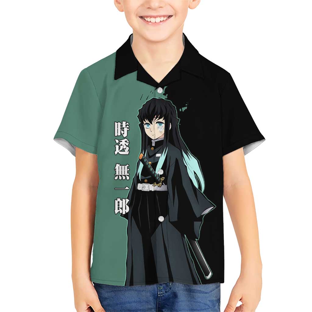 Muichiro Tokito from Demon Slayer Hawaiian Shirt with Green and Black Mist Background and Dual Character Manga Style Design - The Mazicc