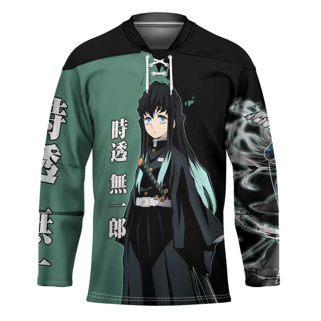 Muichiro Tokito from Demon Slayer Hockey Jersey with Green and Black Mist Background and Dual Character Manga Style Design - The Mazicc