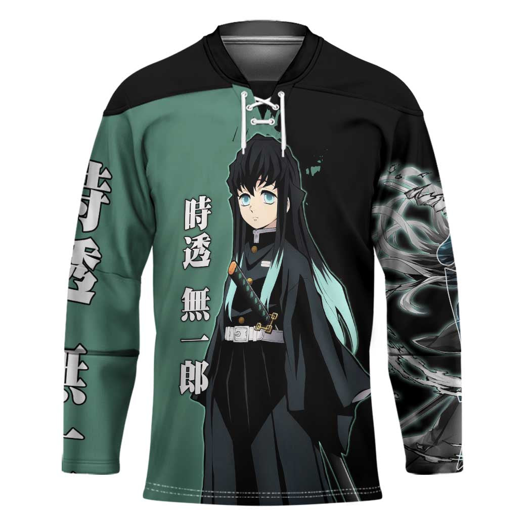 Muichiro Tokito from Demon Slayer Hockey Jersey with Green and Black Mist Background and Dual Character Manga Style Design - The Mazicc